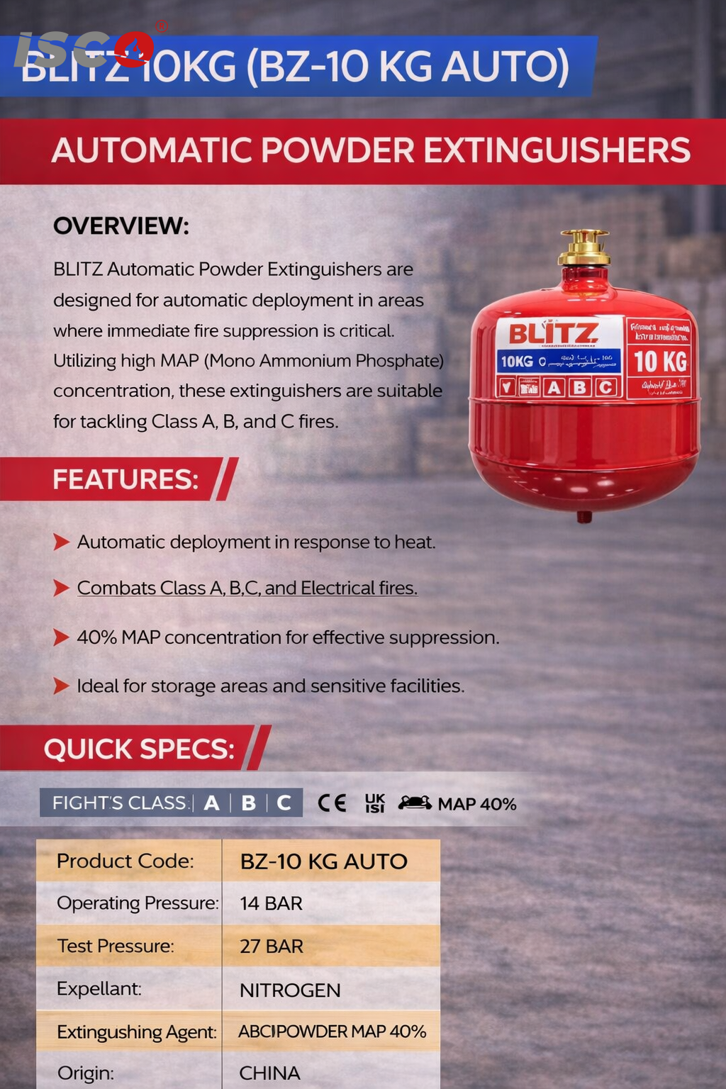 طفاية الحريق BLITZ سعة 10 كجم (موديل BZ 10 KG ABC P التلقائي) طفاية الحريق BLITZ سعة 10 كجم (موديل BZ 10 KG ABC P التلقائي)