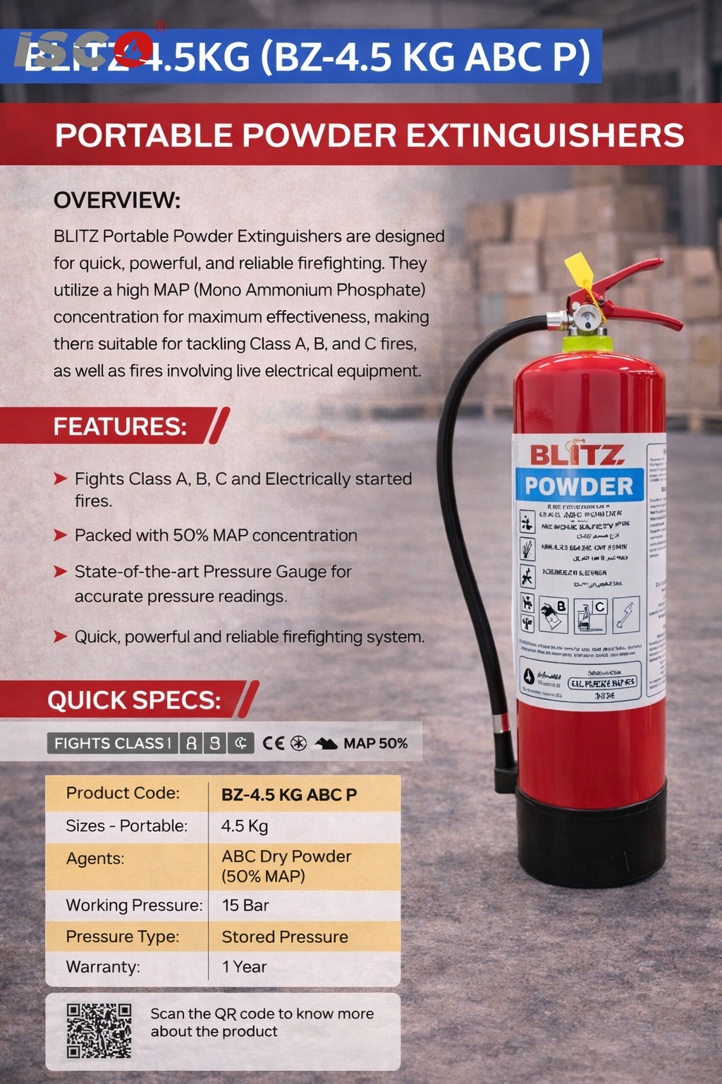 طفاية الحريق BLITZ سعة 4.5 كجم (موديل BZ 4.5 KG ABC P) طفاية الحريق BLITZ سعة 4.5 كجم (موديل BZ 4.5 KG ABC P)