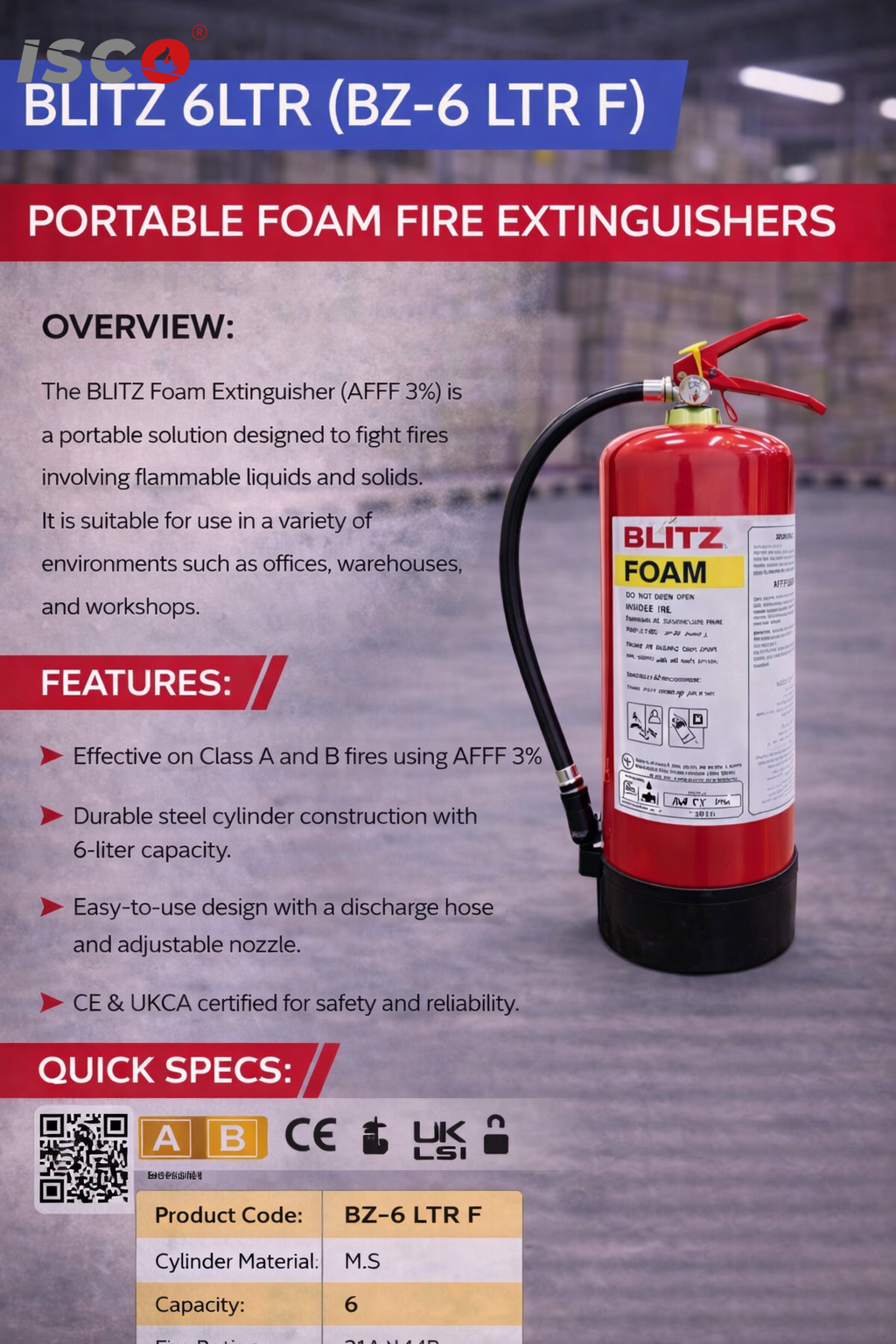 طفاية الحريق BLITZ سعة 6 لتر رغوة (موديل BZ 6 LTR F ) طفاية الحريق BLITZ سعة 6 لتر رغوة (موديل BZ 6 LTR F )